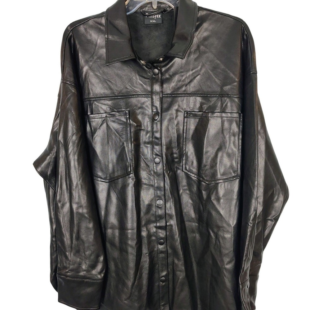 Fahsyee Black Vegan Leather Shacket Oversized Button Front Jacket XXL NEW